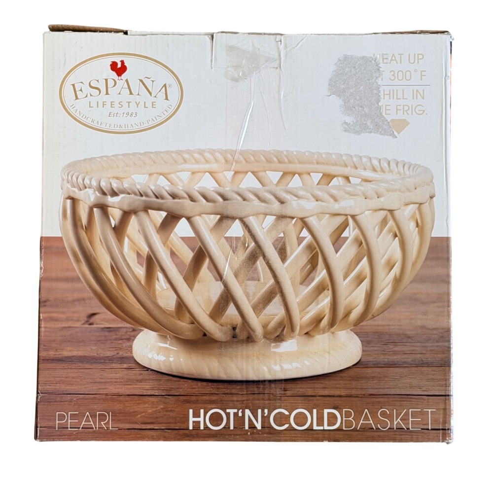 España Lifestyle Ceramic Woven Fruit Basket Pearl White Tabletops Unlimited Boho